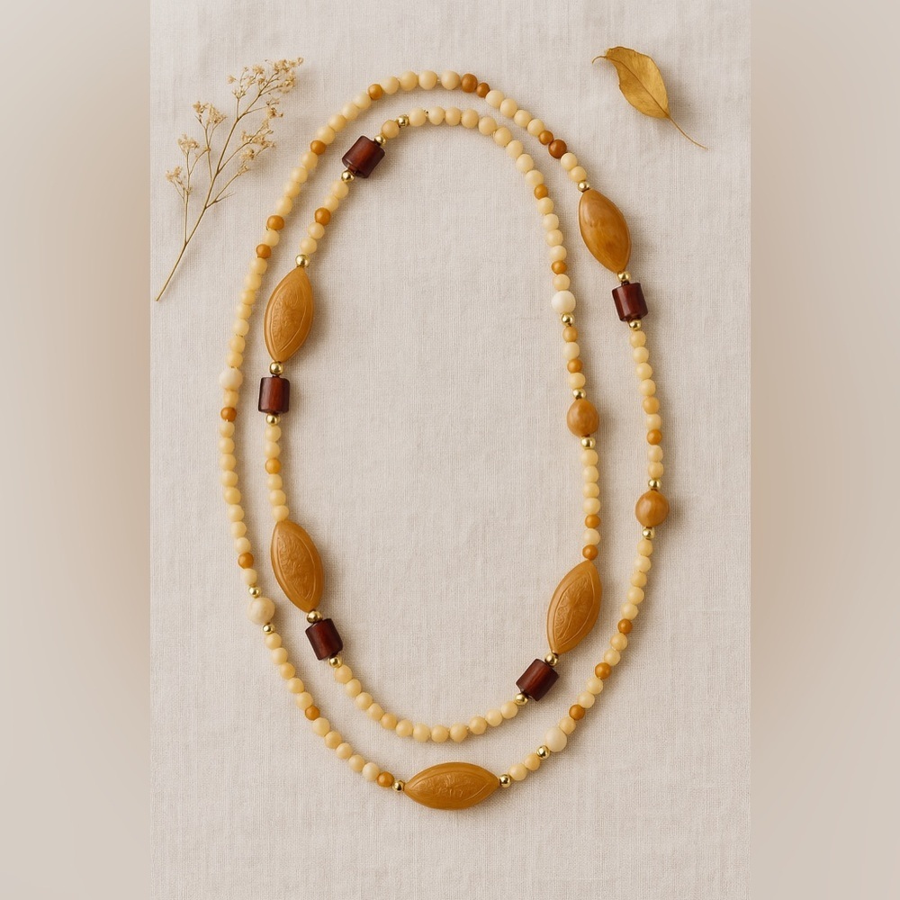 Carved Faux Jade Beaded Necklace | Long Boho Amber Cream Layering Jewelry